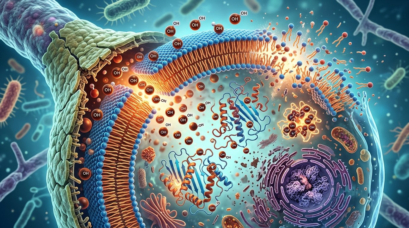 Scientific diagram of how alcohol destroys mold cell membranes and denatures proteins at the molecular level