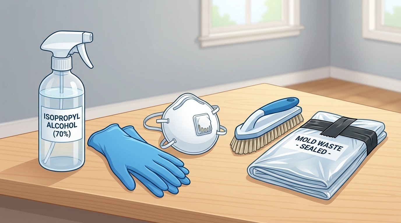 Supplies needed for alcohol mold removal including spray bottle, gloves, respirator, brush, and disposal bag
