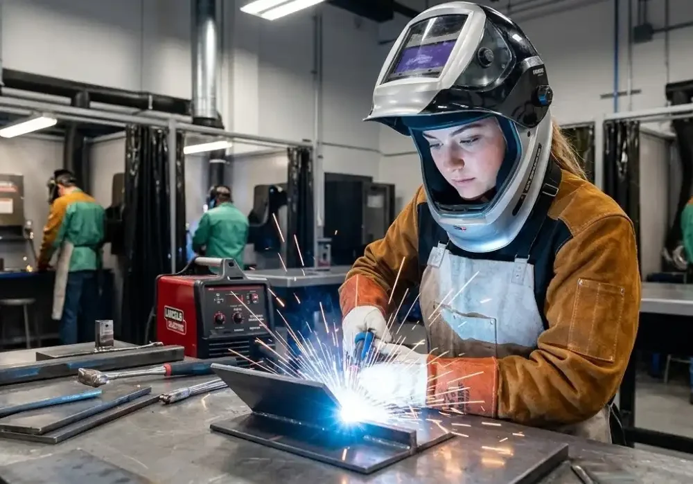 A focused young welding student in a clean, modern industrial training facility, practicing MIG welding on a steel workbench, bright glowing arc, wearing a high-tech auto-darkening helmet and clean safety gear, professional lighting, highly detailed.