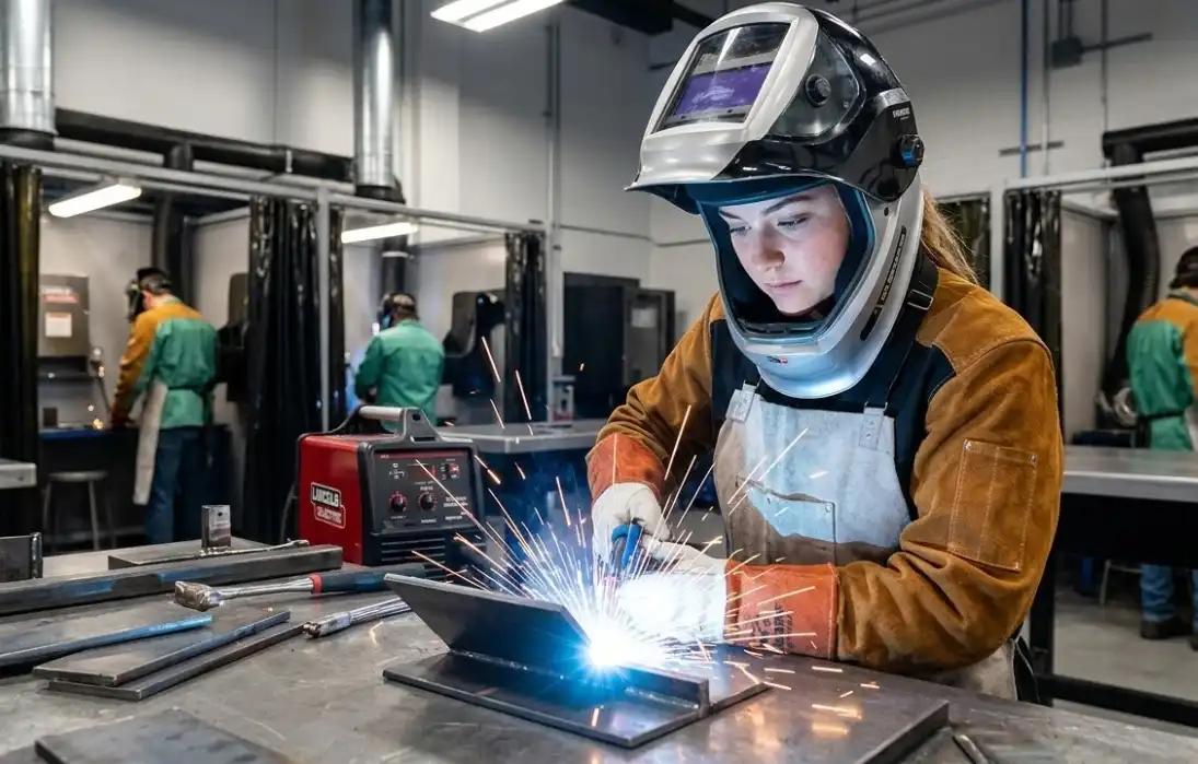 A focused young welding student in a clean, modern industrial training facility, practicing MIG welding on a steel workbench, bright glowing arc, wearing a high-tech auto-darkening helmet and clean safety gear, professional lighting, highly detailed.