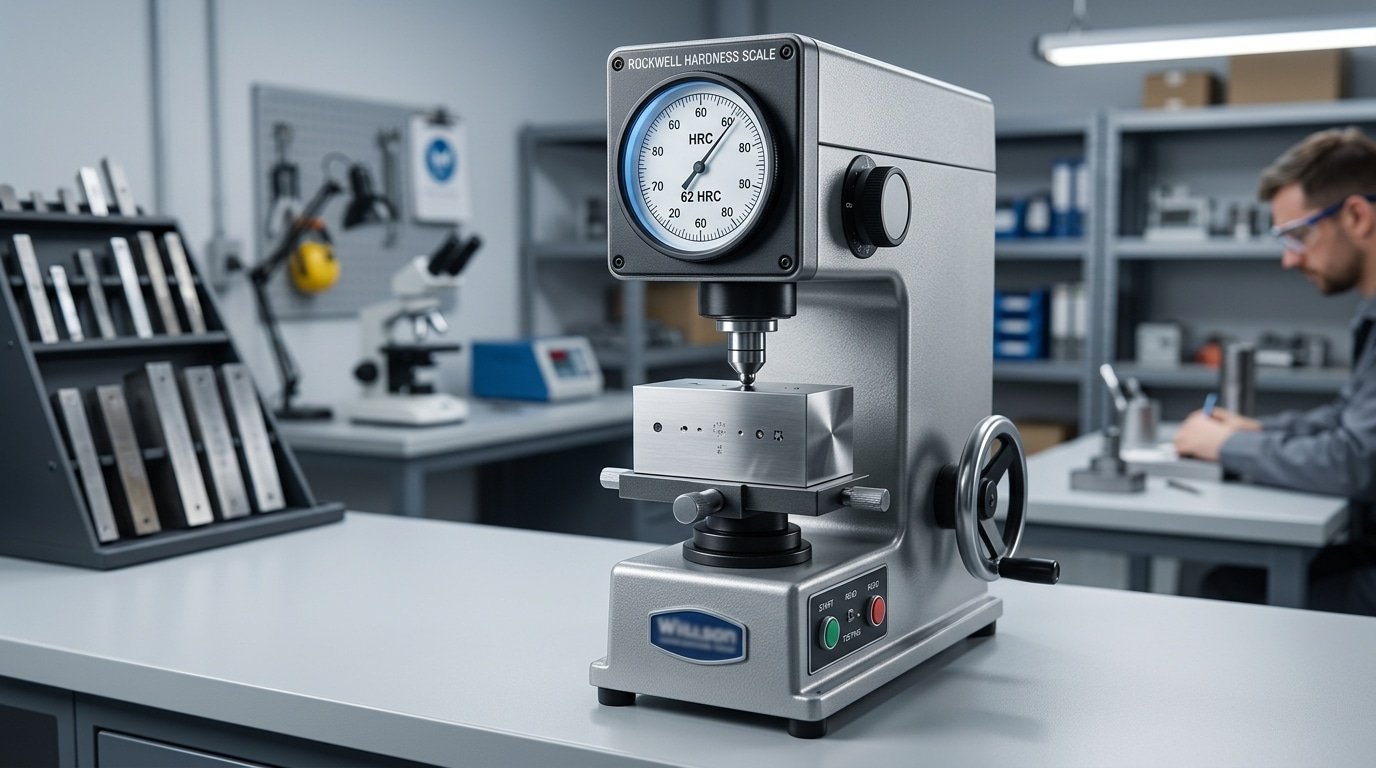 Rockwell hardness test being performed on mold tool steel sample showing HRC measurement for injection mold lifespan prediction