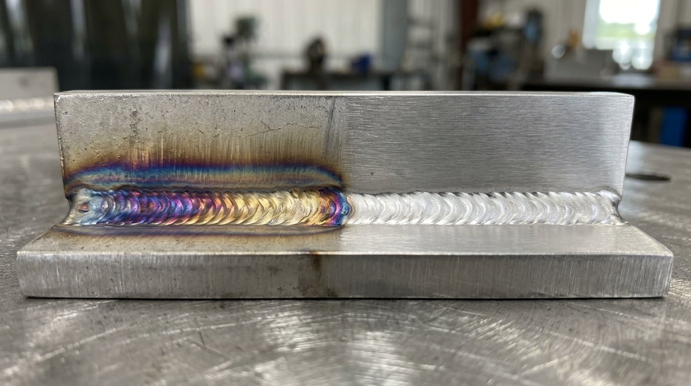 Comparison of heat-tinted weld surface versus cleaned and passivated stainless steel weld meeting weld cleaning standards