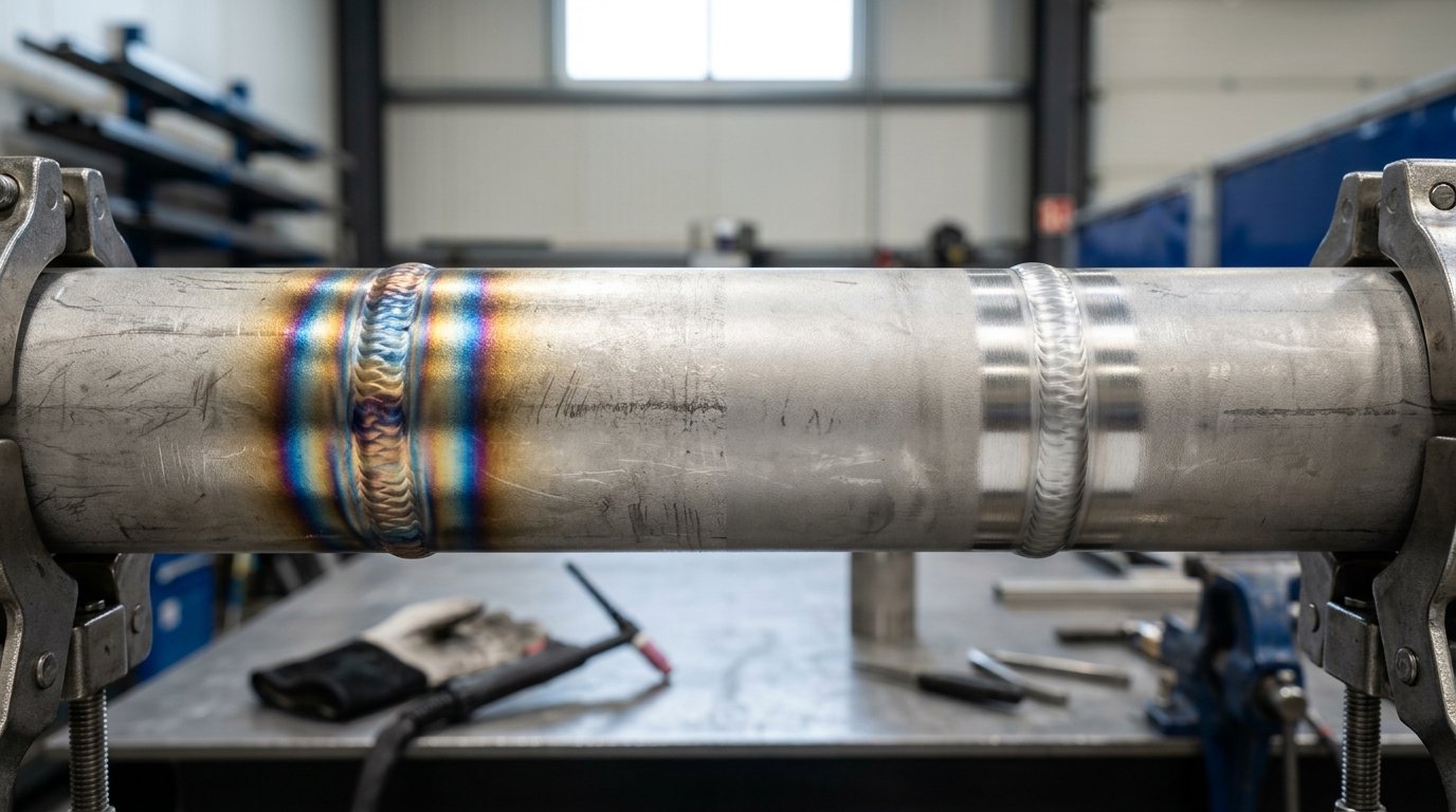 Heat tint discoloration on stainless steel weld compared to properly cleaned weld surface