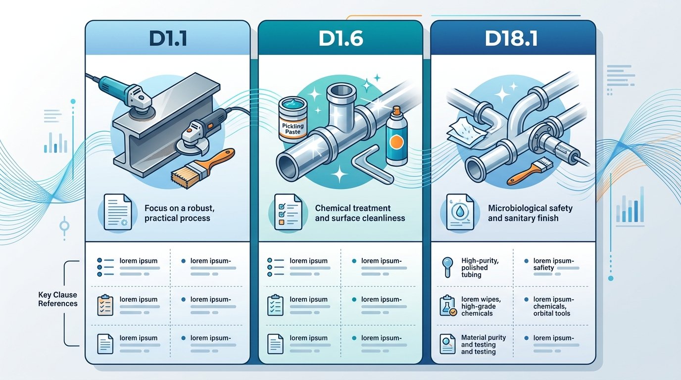 AWS weld cleaning standards comparison chart for D1.1 D1.6 and D18.1