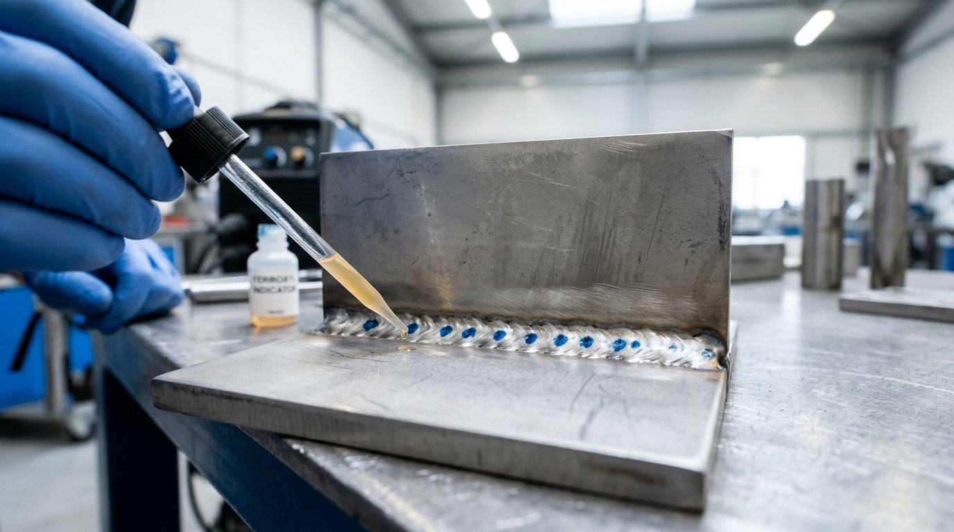 Ferroxyl indicator test on stainless steel weld surface detecting free iron contamination per ASTM A967