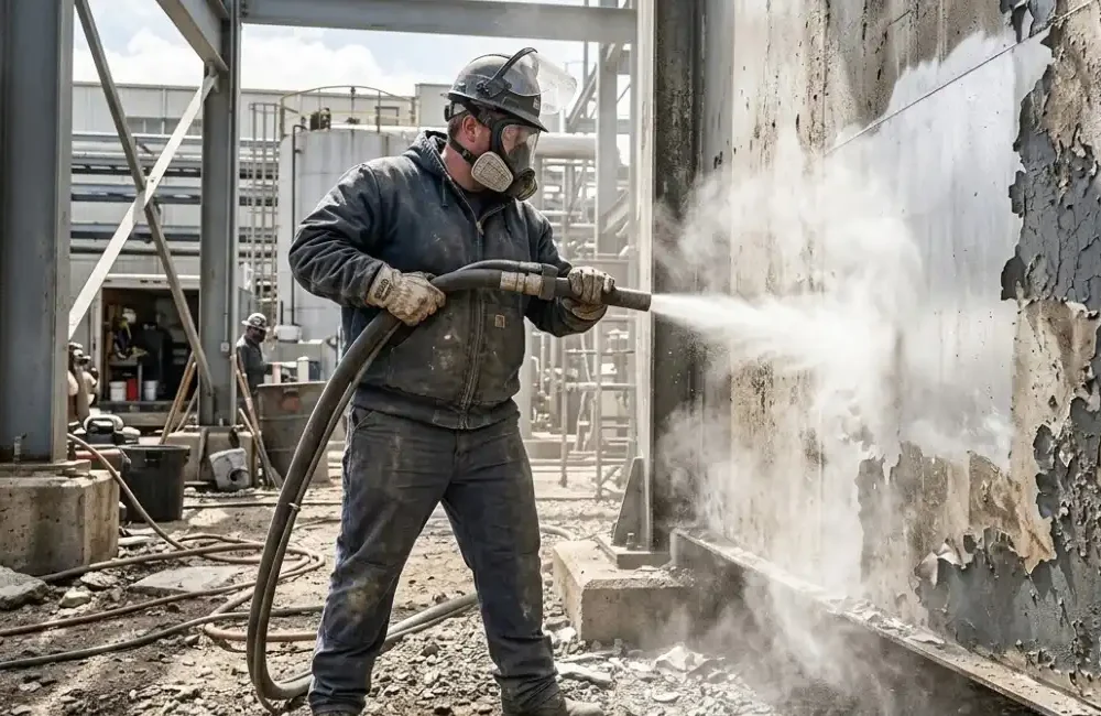 A professional worker wearing heavy-duty safety gear and a respirator using a soda blasting nozzle to efficiently strip old peeling paint off a large outdoor aluminum structural panel, bright daylight, industrial setting, highly detailed realistic photography.