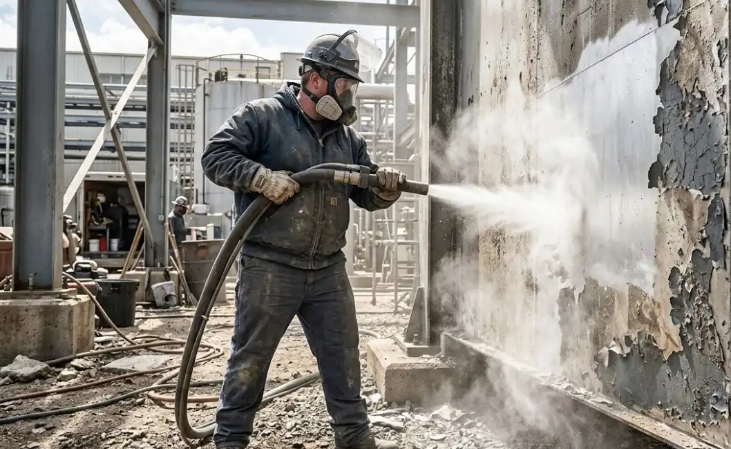 A professional worker wearing heavy-duty safety gear and a respirator using a soda blasting nozzle to efficiently strip old peeling paint off a large outdoor aluminum structural panel, bright daylight, industrial setting, highly detailed realistic photography.