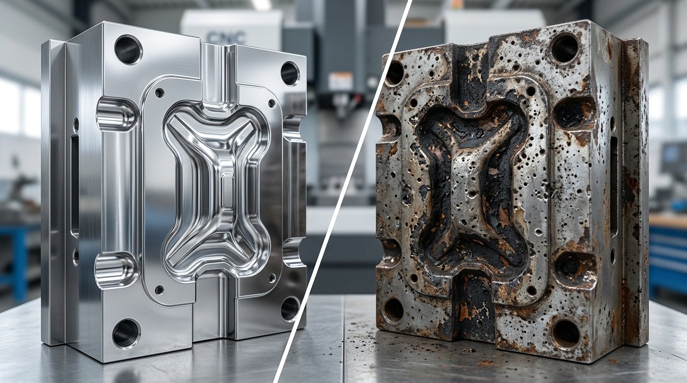 Side-by-side comparison of clean versus contaminated injection mold surfaces showing corrosion and carbon buildup