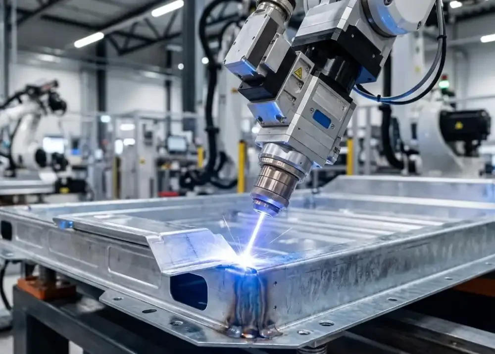 A close-up of a high-tech robotic laser welding head joining aluminum to galvanized steel on an EV battery tray, bright laser beam, clean modern automotive manufacturing environment, highly detailed, realistic industrial photography.