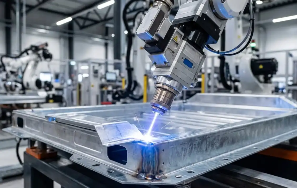 A close-up of a high-tech robotic laser welding head joining aluminum to galvanized steel on an EV battery tray, bright laser beam, clean modern automotive manufacturing environment, highly detailed, realistic industrial photography.