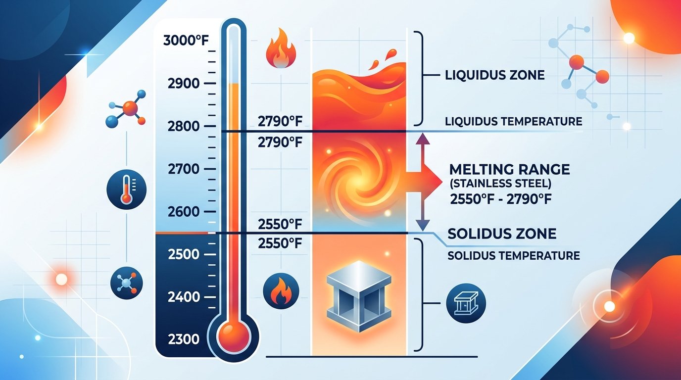 Stainless steel melting point range infographic showing solidus and liquidus temperatures from 2550 to 2790 degrees Fahrenheit