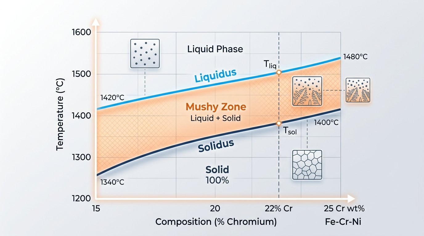 Phase diagram illustrating the solidus-to-liquidus melting range of stainless steel alloy