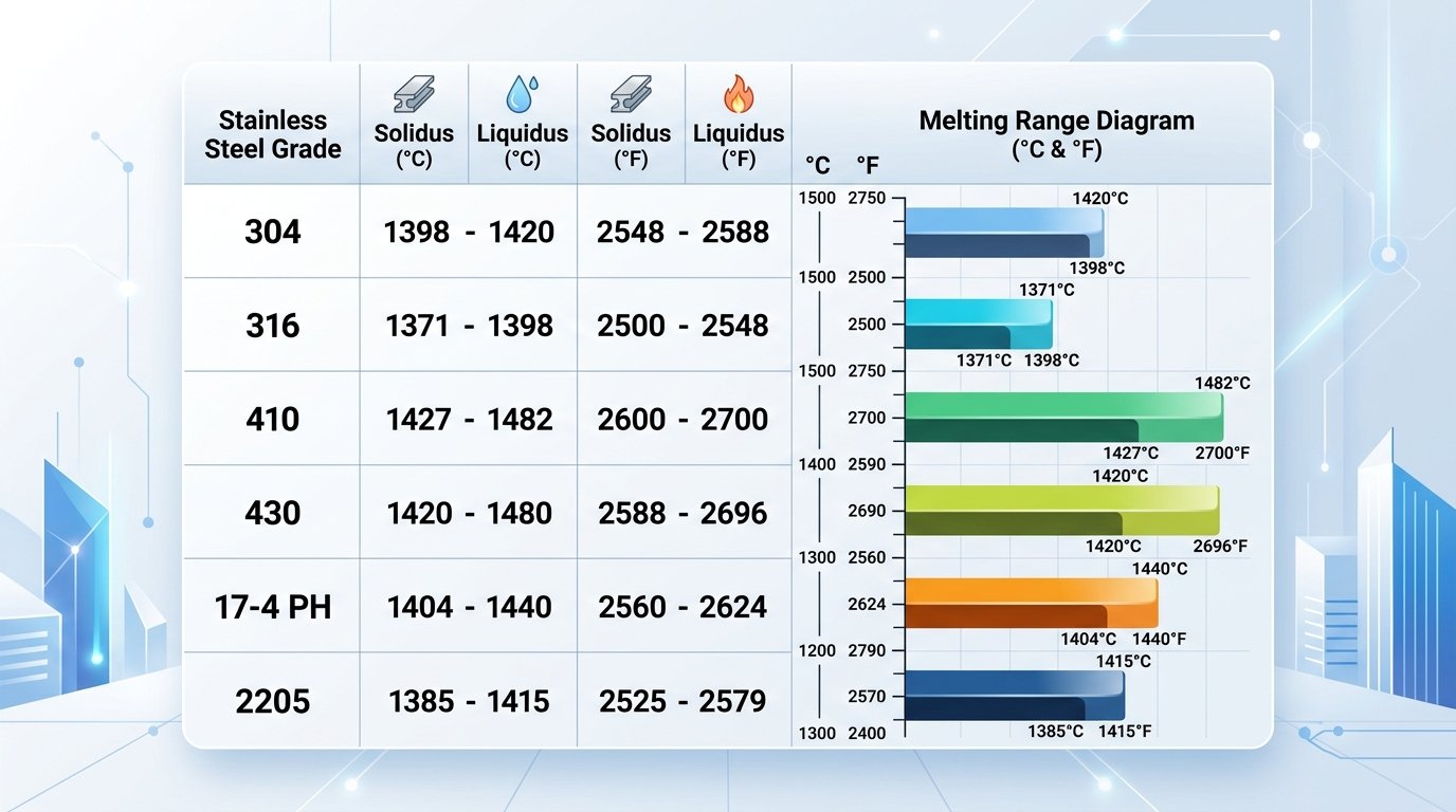Melting point comparison table for common stainless steel grades showing solidus and liquidus temperatures