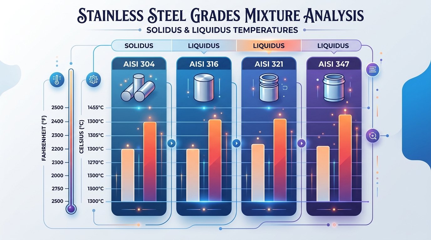 Melting range comparison chart for austenitic stainless steel grades 304, 316, 321, and 347