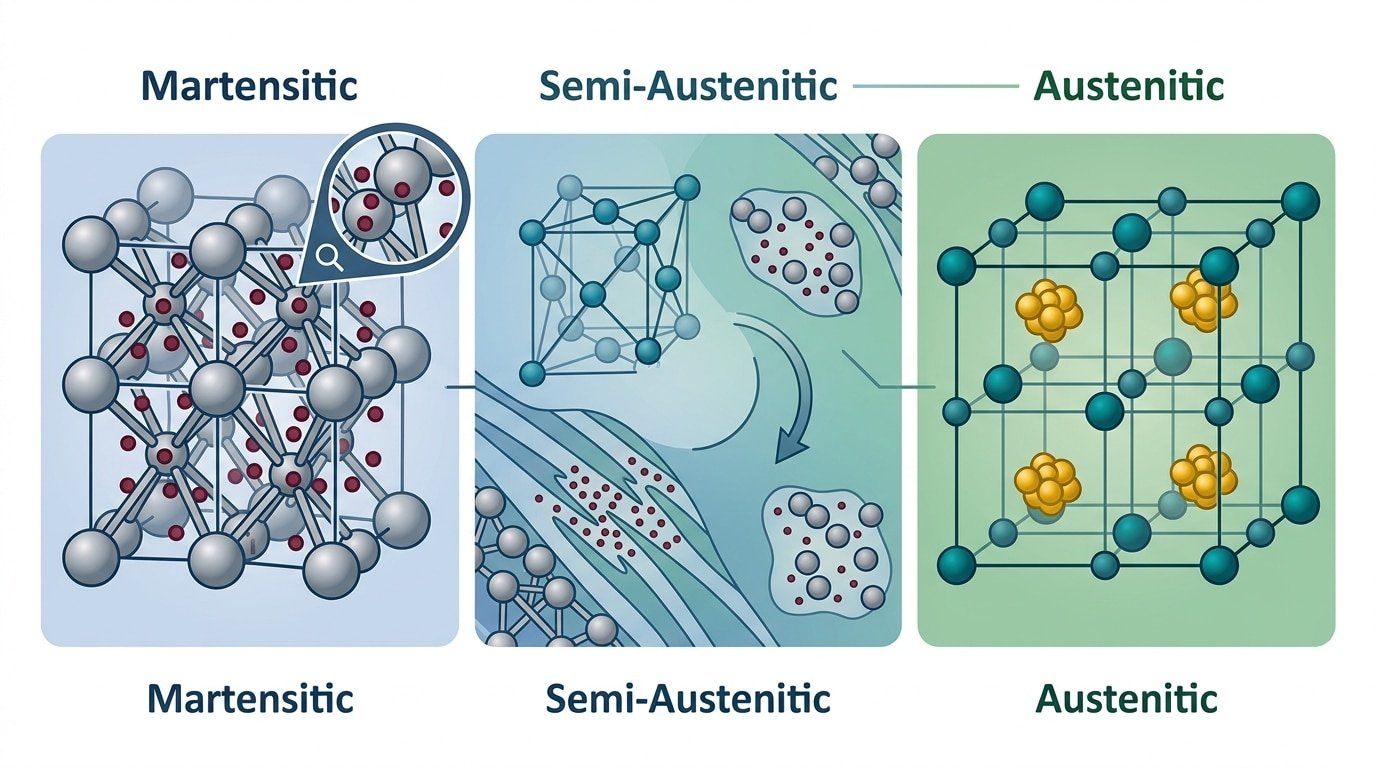 Crystal structure comparison of martensitic semi-austenitic and austenitic PH stainless steel families