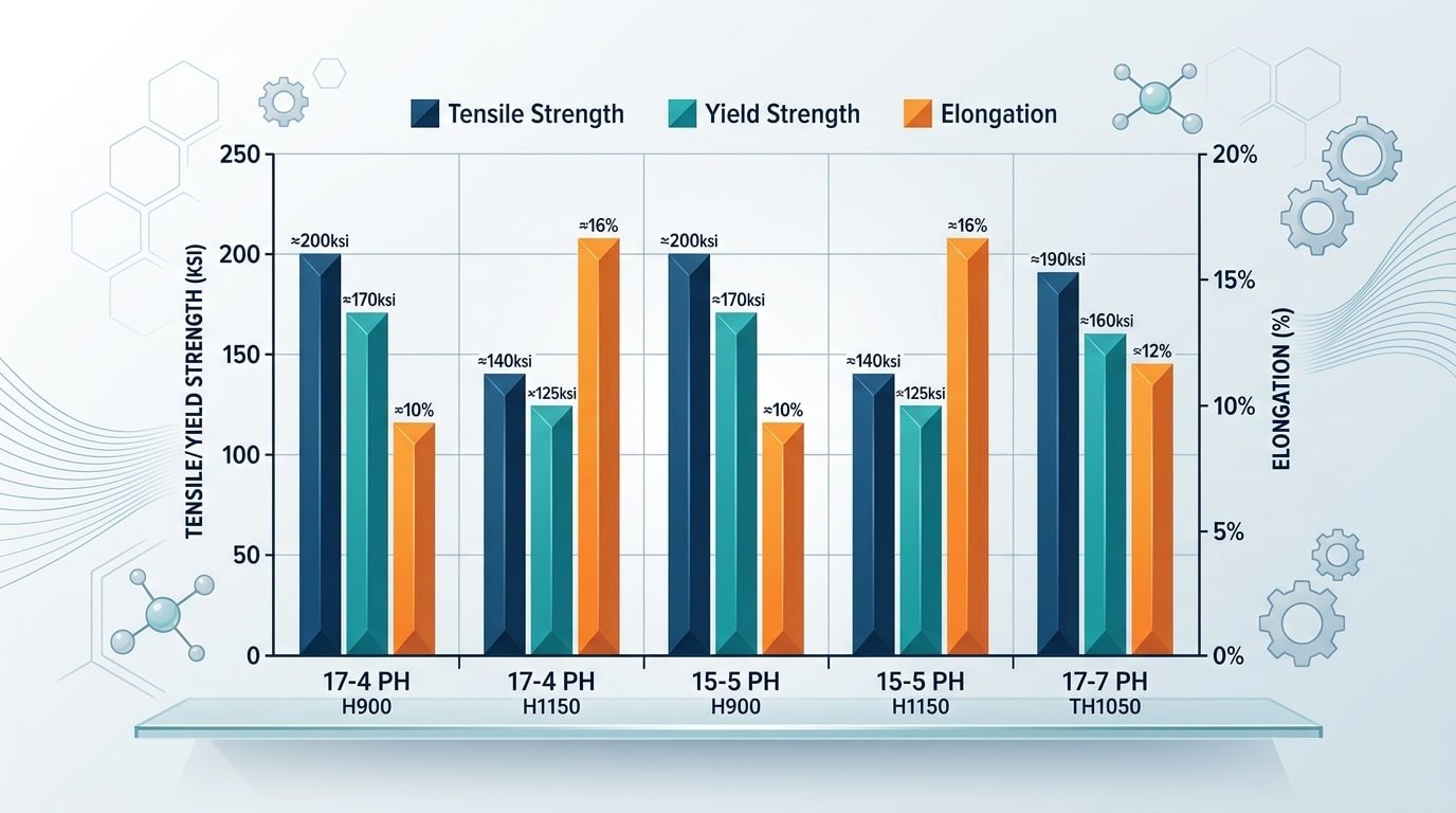 Comparison chart of mechanical properties for 17-4 PH 15-5 PH and 17-7 PH precipitation hardening stainless steel grades
