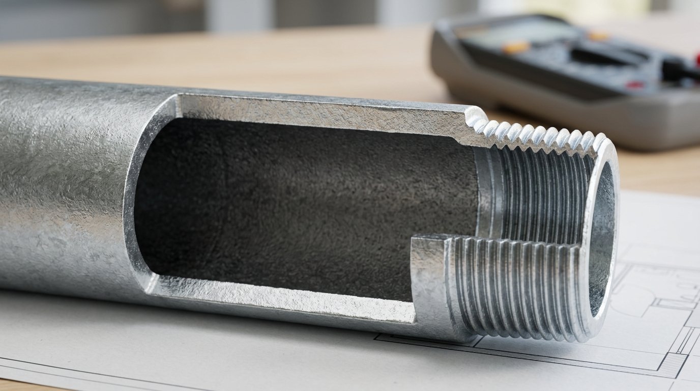 Cross-section of galvanized steel rigid metal conduit showing wall thickness and zinc coating