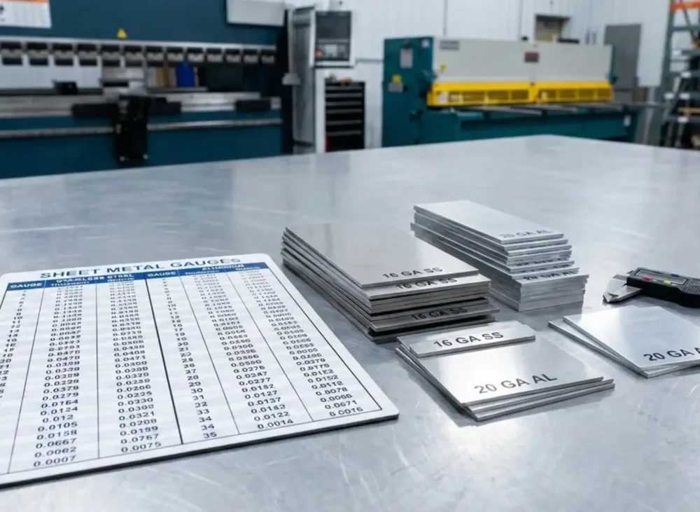 A professional industrial photograph of a printed sheet metal gauge chart resting on a metal workbench, next to several pieces of stainless steel and aluminum sheet metal of varying thicknesses. Clean, well-lit manufacturing aesthetic.