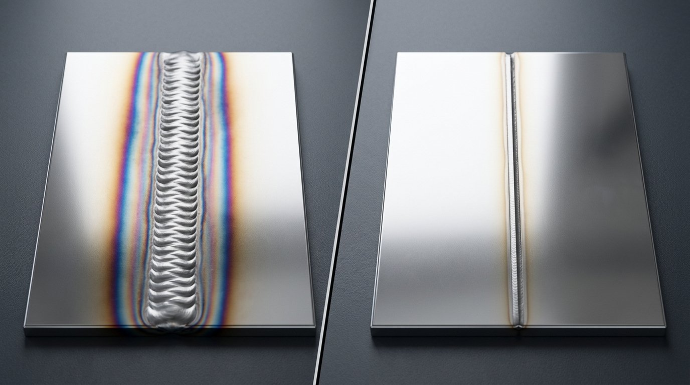 TIG weld versus laser weld on stainless steel showing heat affected zone and finish quality difference