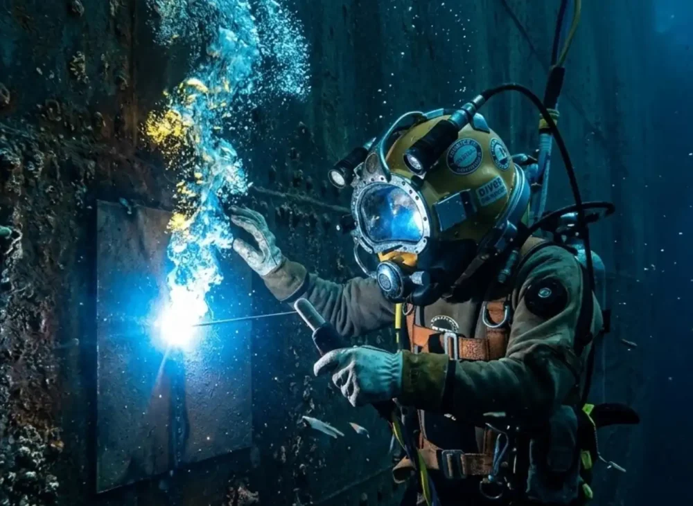 A professional commercial diver in heavy-duty diving gear performing wet underwater arc welding on a massive steel ship hull, bright glowing blue electric arc, glowing bubbles rising through dark blue ocean water, highly detailed, cinematic lighting, ultra-realistic.