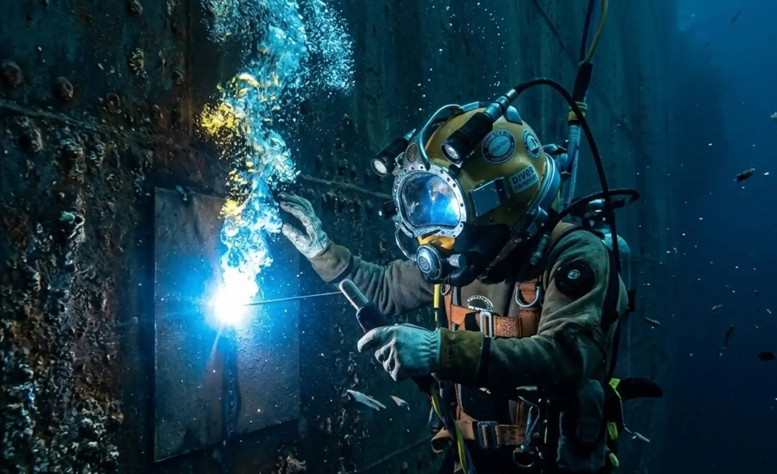 A professional commercial diver in heavy-duty diving gear performing wet underwater arc welding on a massive steel ship hull, bright glowing blue electric arc, glowing bubbles rising through dark blue ocean water, highly detailed, cinematic lighting, ultra-realistic.