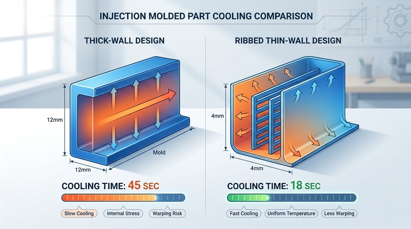 Cross-section diagram comparing thick solid wall versus thin ribbed wall design in injection molding