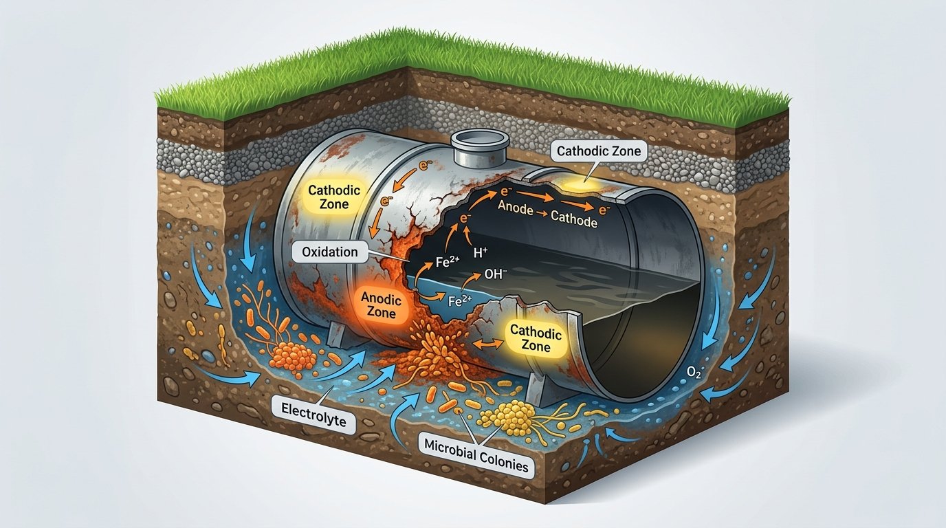 Diagram of electrochemical corrosion and microbial-influenced corrosion on an underground storage tank buried in moist soil