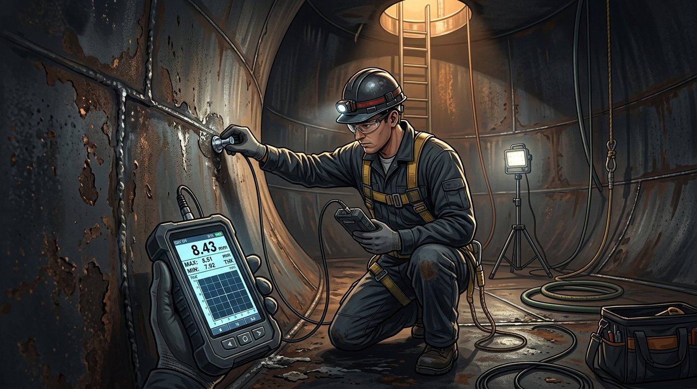 Ultrasonic thickness testing during underground storage tank rust assessment