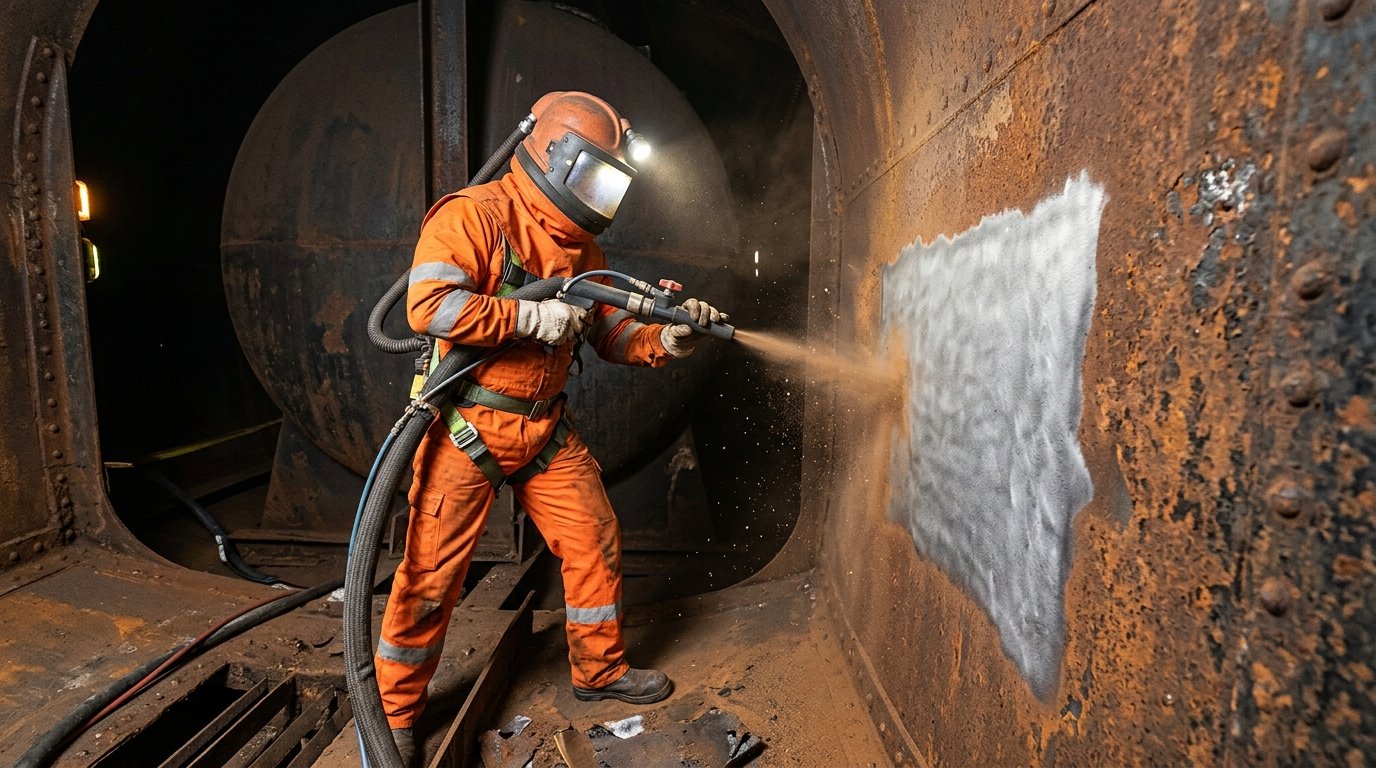 Abrasive blasting rust removal inside an underground storage tank showing clean steel surface
