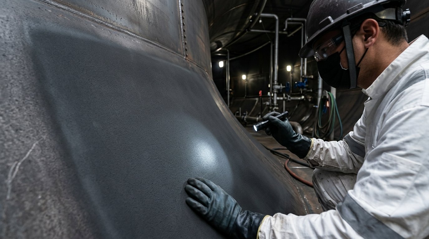 Steel tank interior after phosphoric acid rust removal treatment showing iron phosphate conversion layer