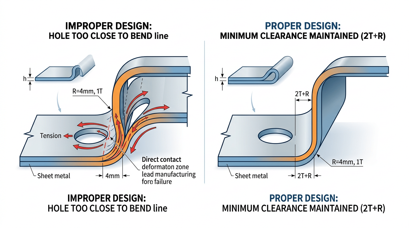 Common sheet metal design mistake showing hole distortion near bend line versus correct feature placement at 2T plus R distance