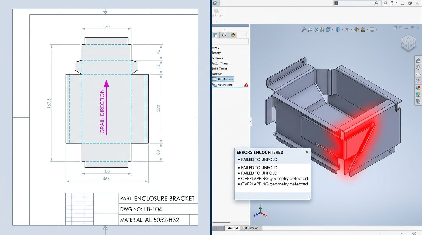 Grain direction arrow on flat pattern and failed unfold showing common sheet metal design mistakes