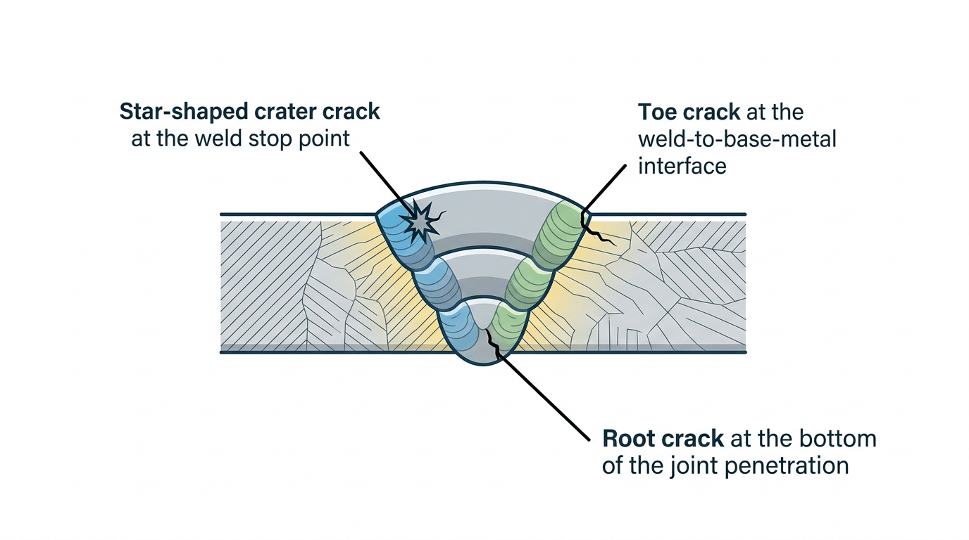 Diagram showing crater crack, toe crack, and root crack locations in a weld joint illustrating location-based weld crack types