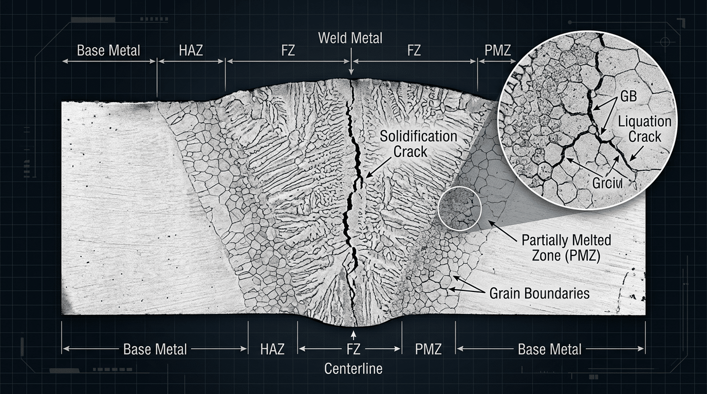 Solidification crack along weld centerline and liquation crack in HAZ partially melted zone illustrating hot weld crack types and causes