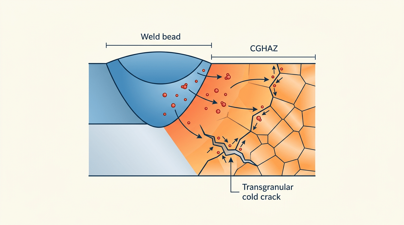 Hydrogen-induced cold cracking mechanism showing hydrogen diffusion into heat-affected zone causing delayed weld crack