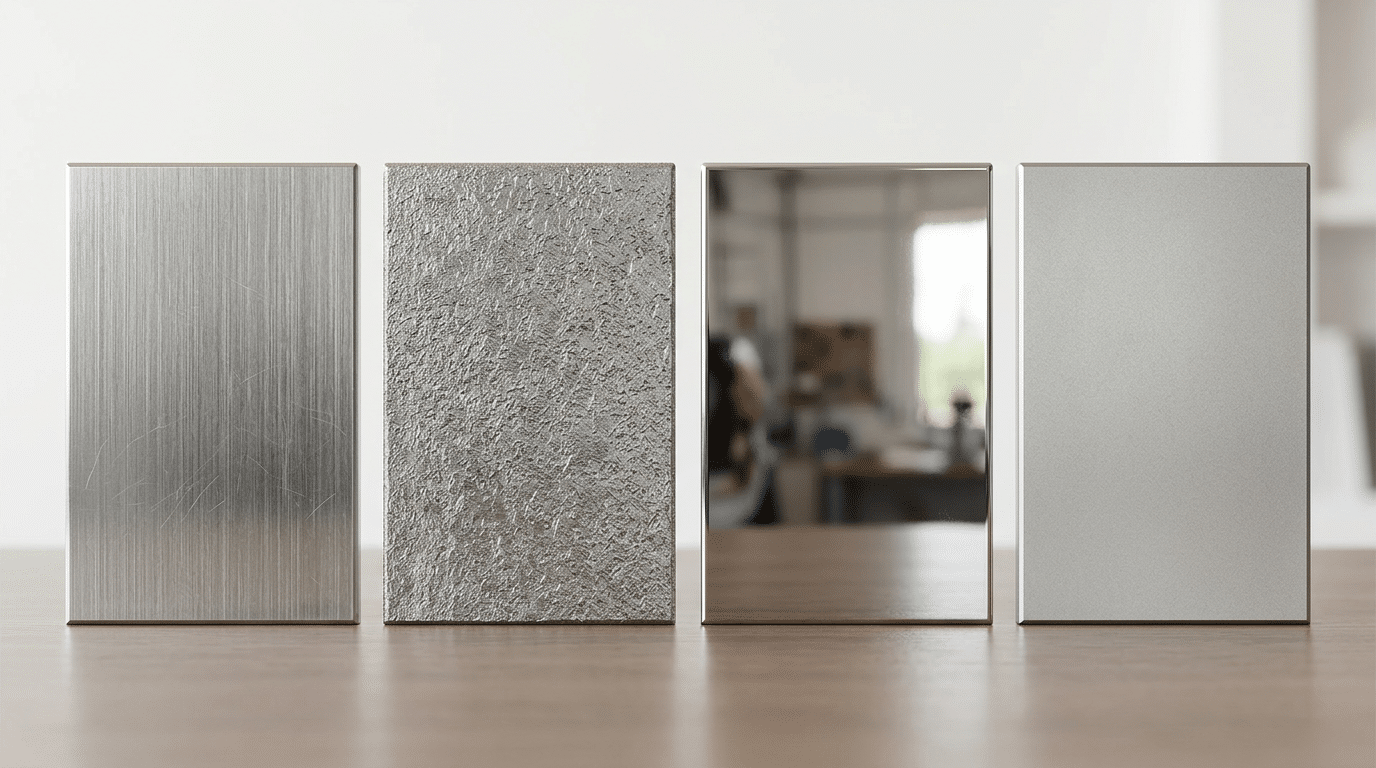 sheet metal mechanical finish types comparison showing brushing grinding polishing and bead blasting surface treatments