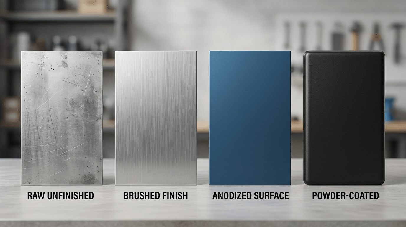 sheet metal finish types and surface treatments comparison showing raw, brushed, anodized, and powder-coated panels
