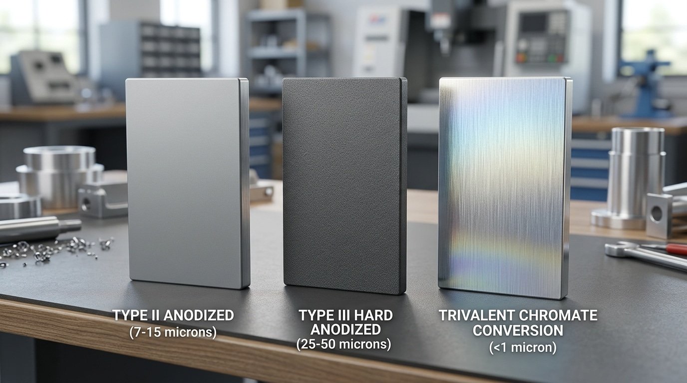 Anodized and chromate conversion sheet metal finish types compared side by side on aluminum panels