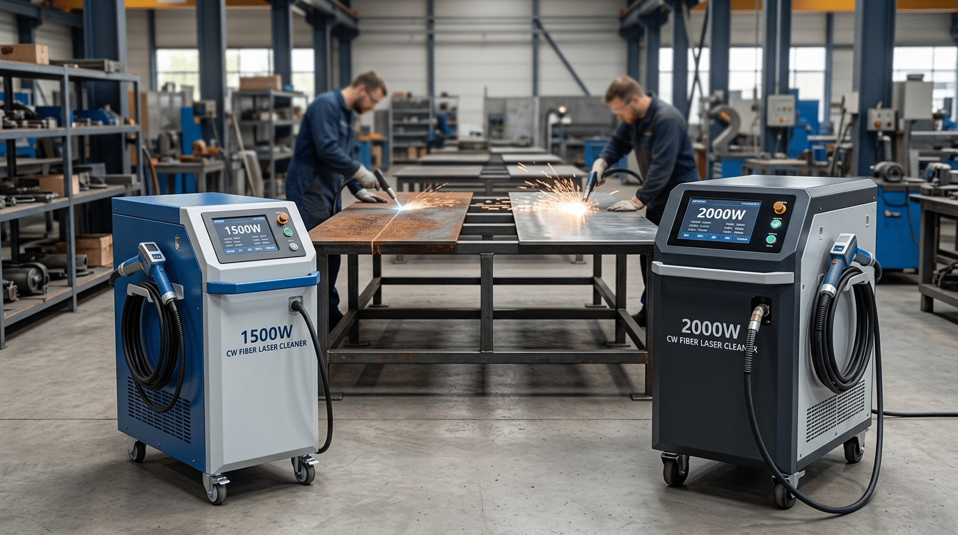 1500W vs 2000W CW fiber laser cleaner units compared side by side in industrial setting