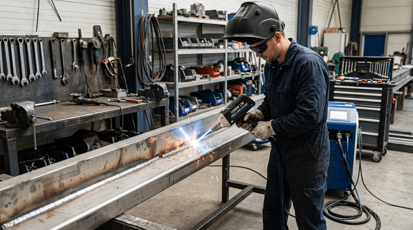 1500W CW fiber laser cleaner being used for weld prep in a maintenance shop