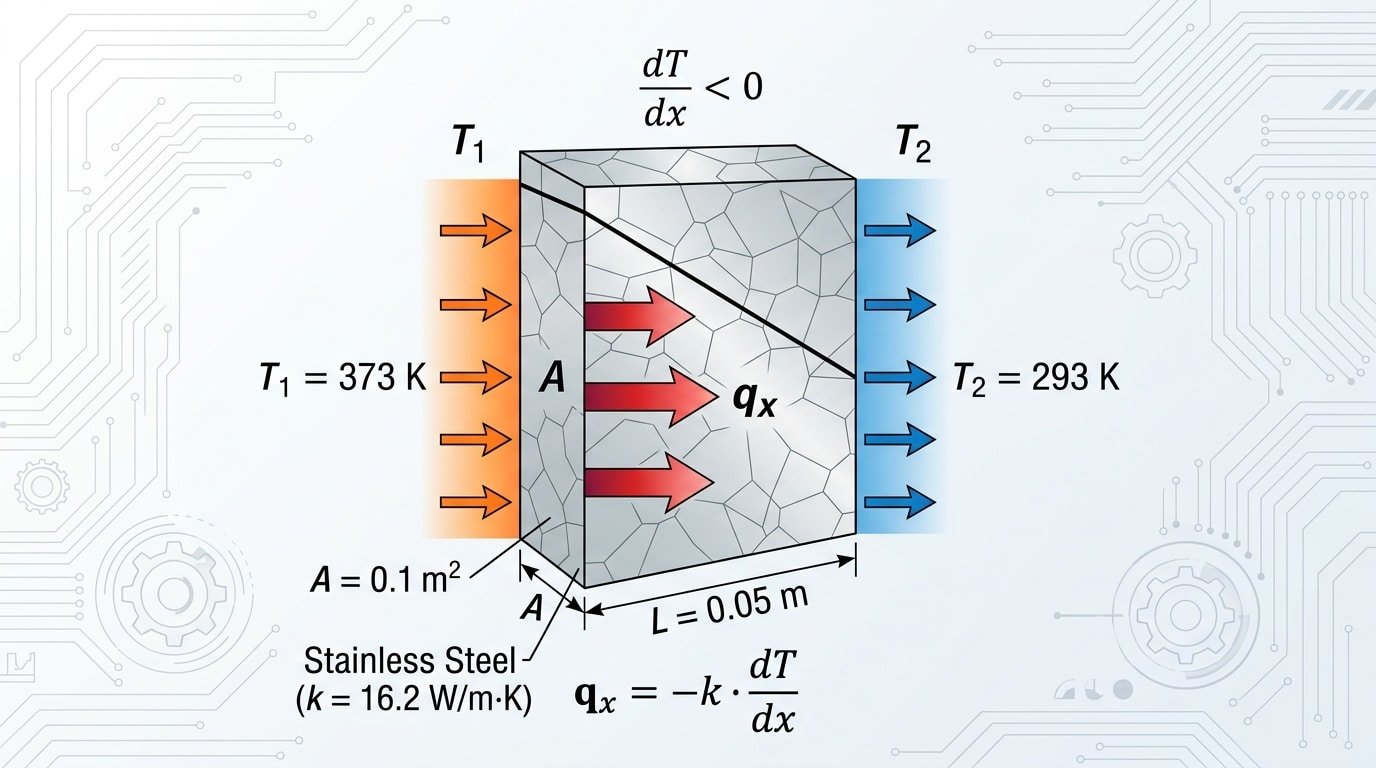 304 stainless steel thermal conductivity Fourier's Law heat transfer calculation diagram