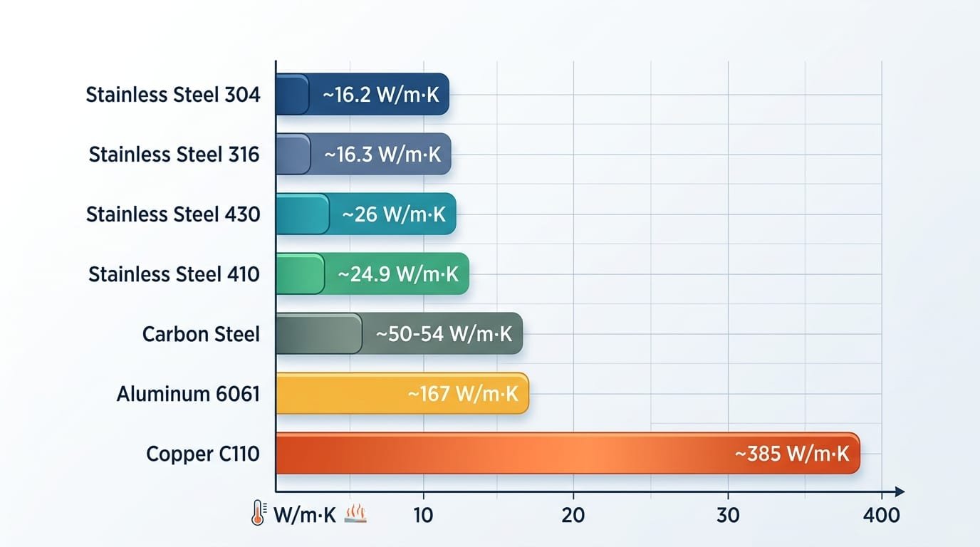 304 stainless steel thermal conductivity comparison chart vs 316, 430, 410, aluminum, and copper