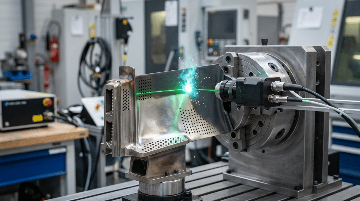 CW laser cleaning machine removing oxide from aerospace turbine blade during engine component maintenance