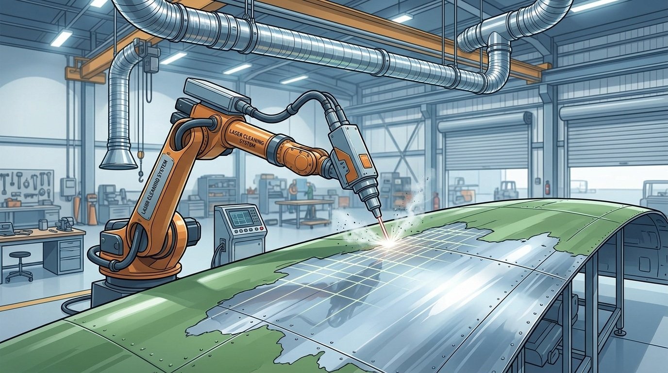 High-power CW laser cleaning machine removing paint from aerospace fuselage panel in MRO facility