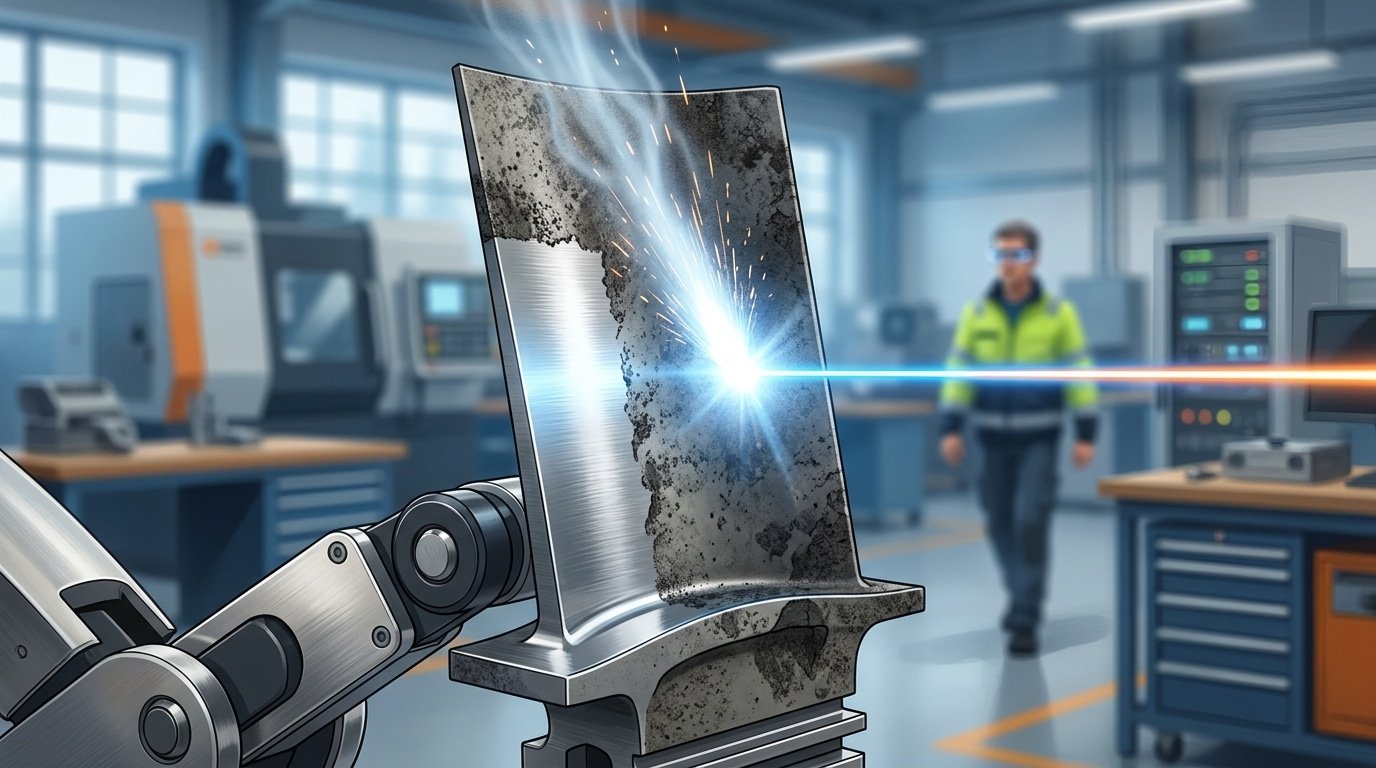 CW laser cleaning machine removing oxide from aerospace turbine blade during maintenance