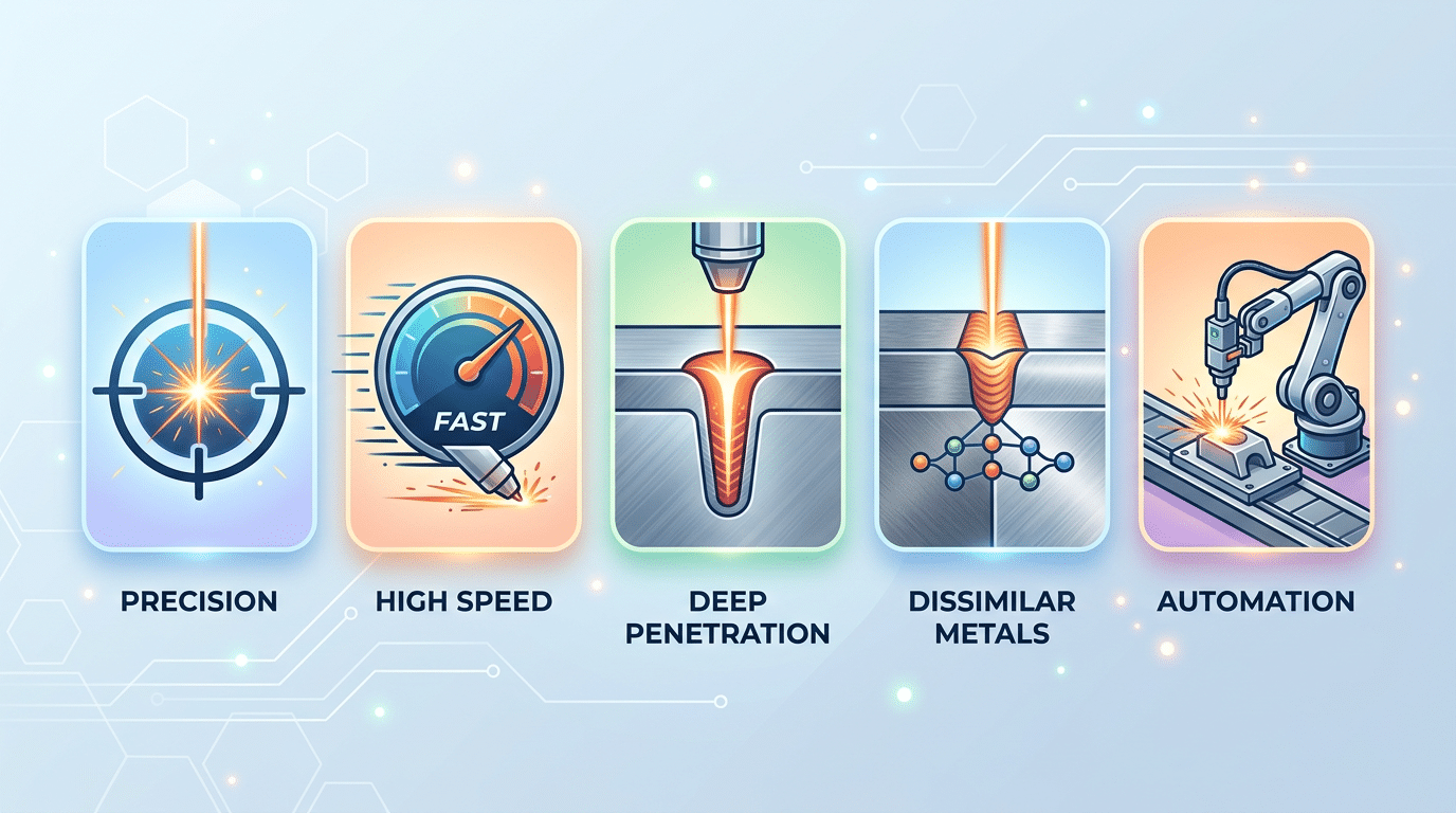 Five core advantages of laser beam welding illustrated with icons for precision, speed, deep penetration, dissimilar materials, and automation