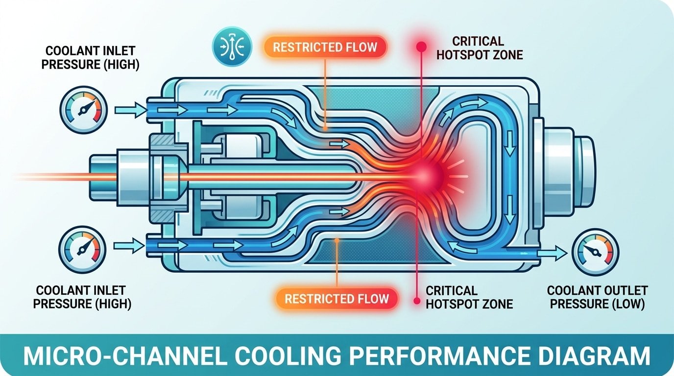 Flow rate and pressure requirements diagram for water-cooled laser cleaning head internal cooling channels