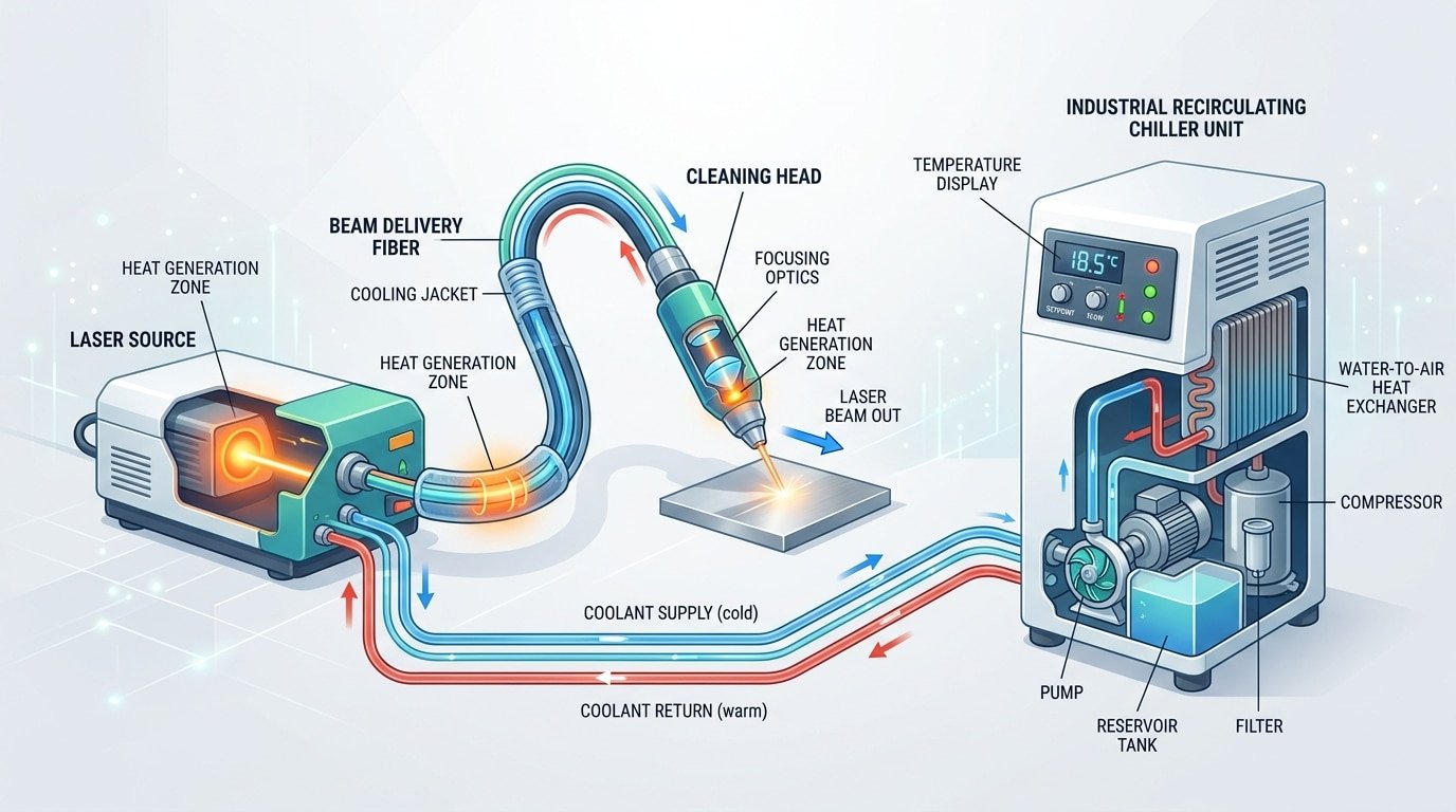 water-cooled laser cleaner chiller requirements diagram showing heat flow from laser source to recirculating chiller