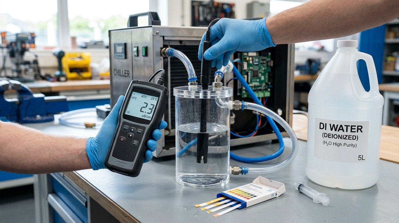 Testing coolant conductivity for water-cooled laser cleaner chiller requirements with a handheld EC meter