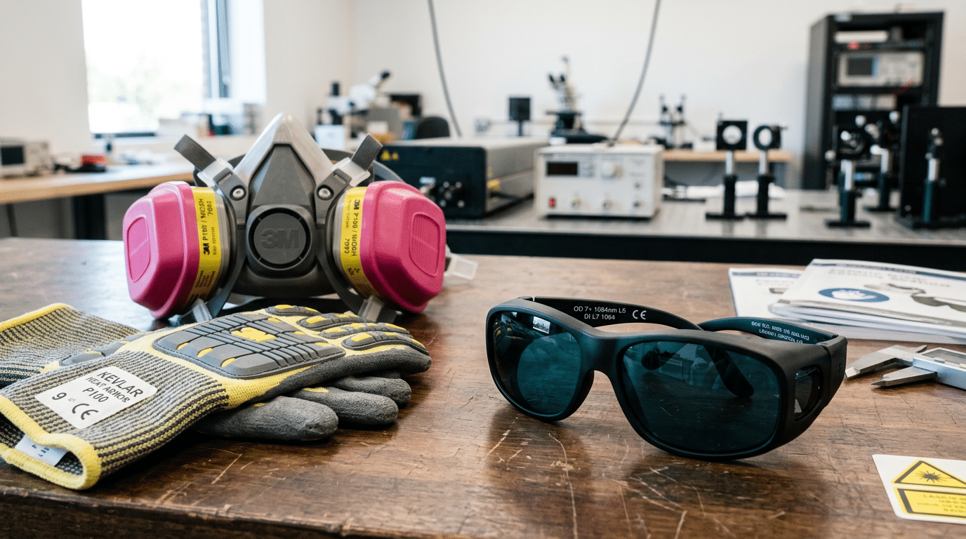 Pulse laser cleaner operator PPE including OD-rated laser safety eyewear for 1064 nm, P100 respirator, and heat-resistant gloves
